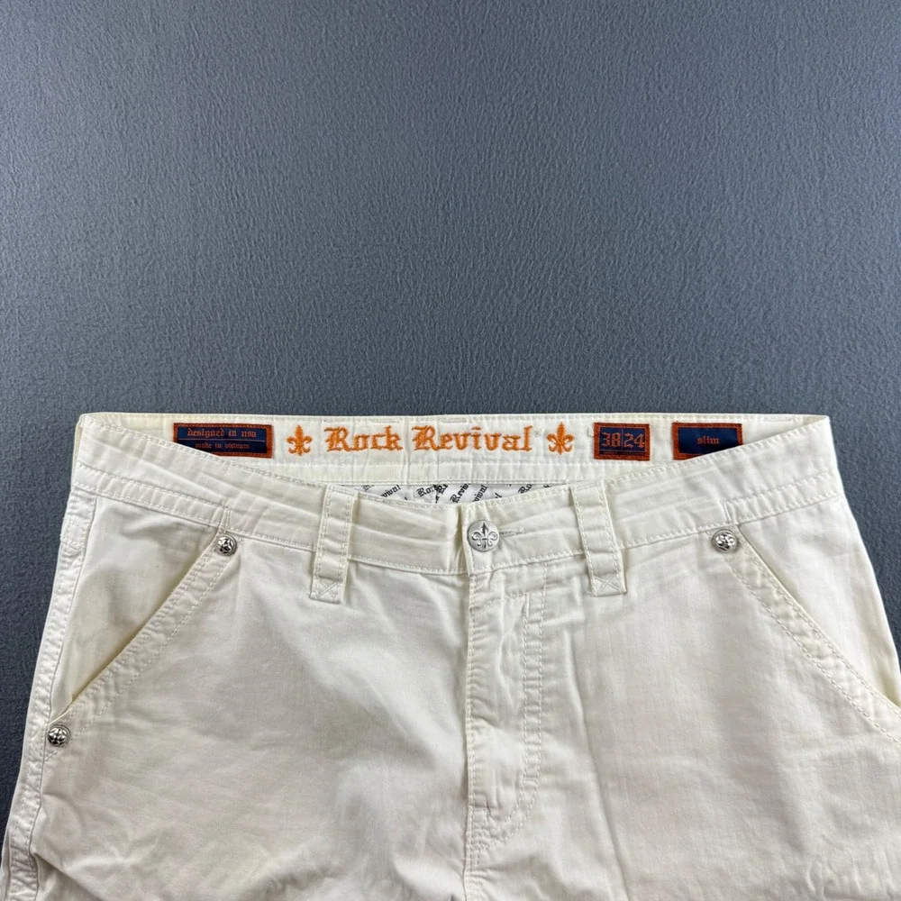 Rock Revival Shorts Men's 38 (Fits 40) White Cargo Slim Fit Embroidered Y2K